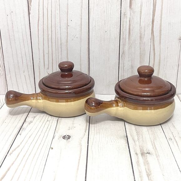 Vintage Set of 4 Pc Onion Soup Bowls with Handle & Lids Brown Glazed Ceramic NIB - Picture 6 of 6